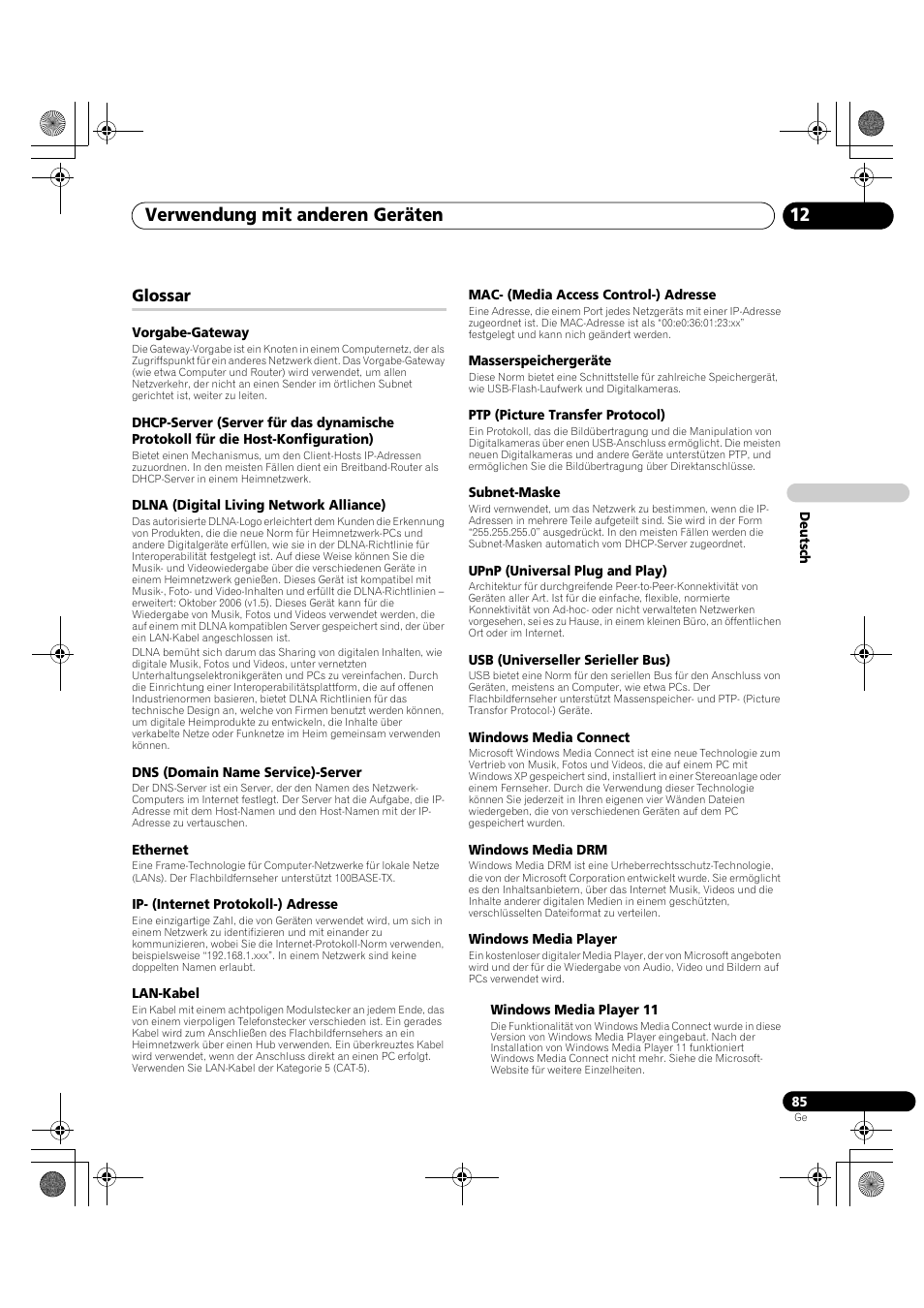 Glossar, Verwendung mit anderen geräten 12 | Pioneer PDP-LX5090H User Manual | Page 315 / 339