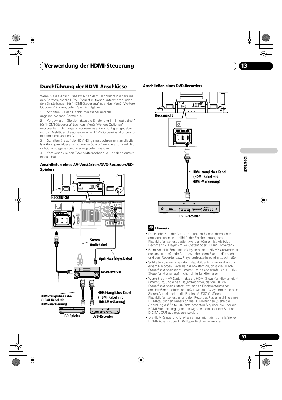 Durchführung der hdmi-anschlüsse, Verwendung der hdmi-steuerung 13 | Pioneer PDP-LX5090H User Manual | Page 323 / 339