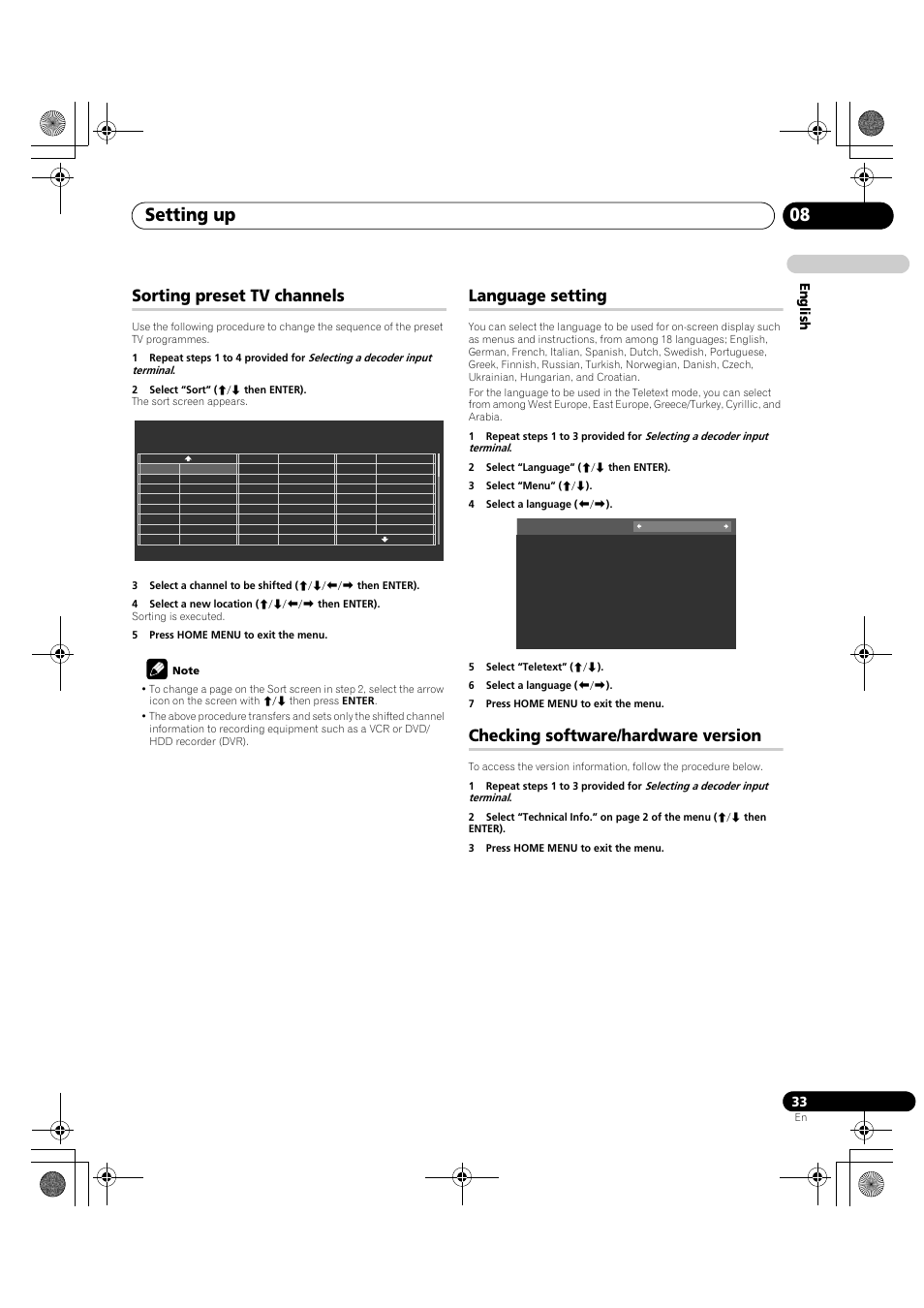 Setting up 08, Sorting preset tv channels, Language setting | Checking software/hardware version | Pioneer PDP-LX5090H User Manual | Page 33 / 339