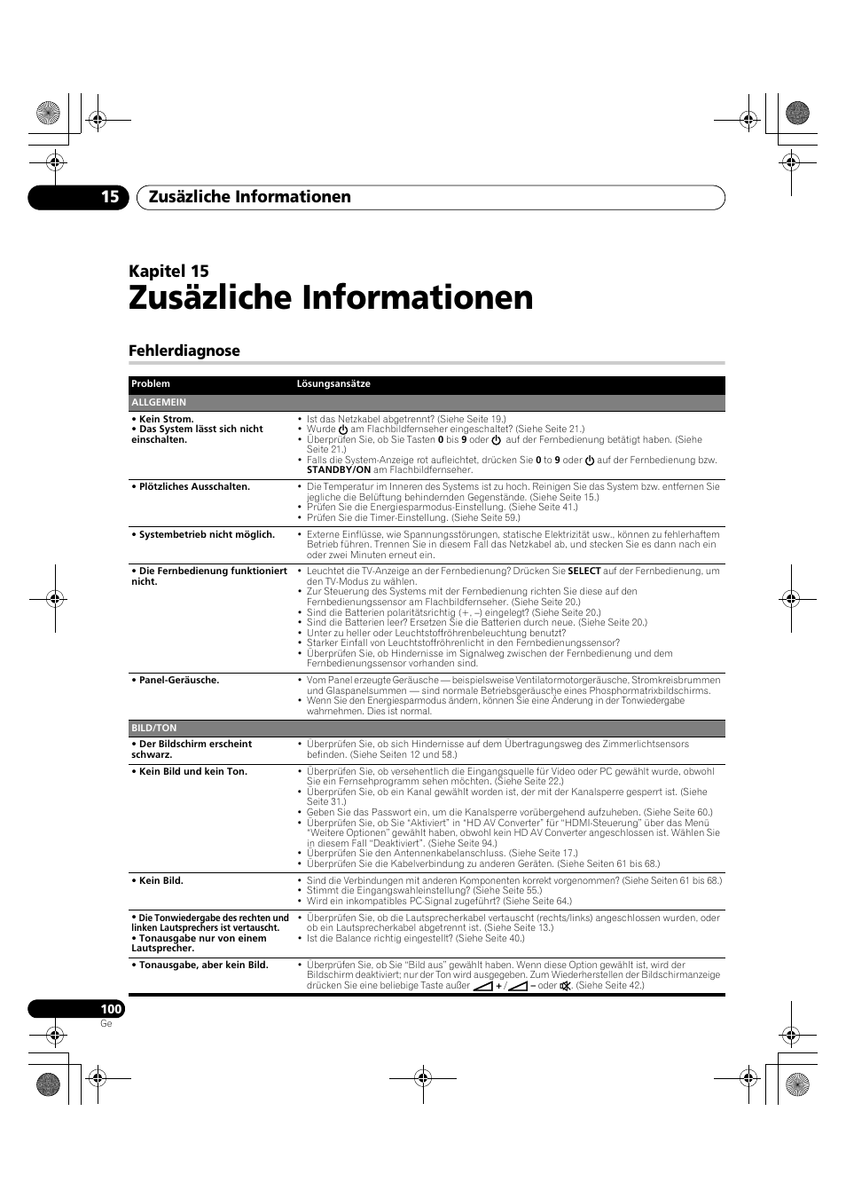 15 zusäzliche informationen, Fehlerdiagnose, Fehlerdiagnose auf seite 100 | Zusäzliche informationen, Zusäzliche informationen 15, Kapitel 15 | Pioneer PDP-LX5090H User Manual | Page 330 / 339