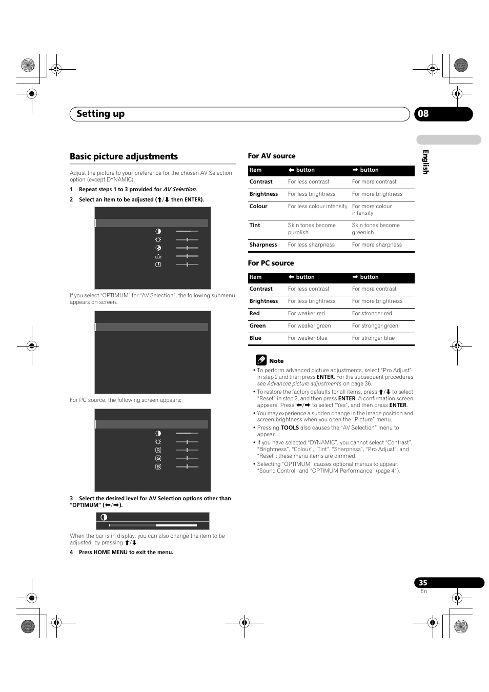 Basic picture adjustments, Setting up 08 | Pioneer PDP-LX5090H User Manual | Page 35 / 339