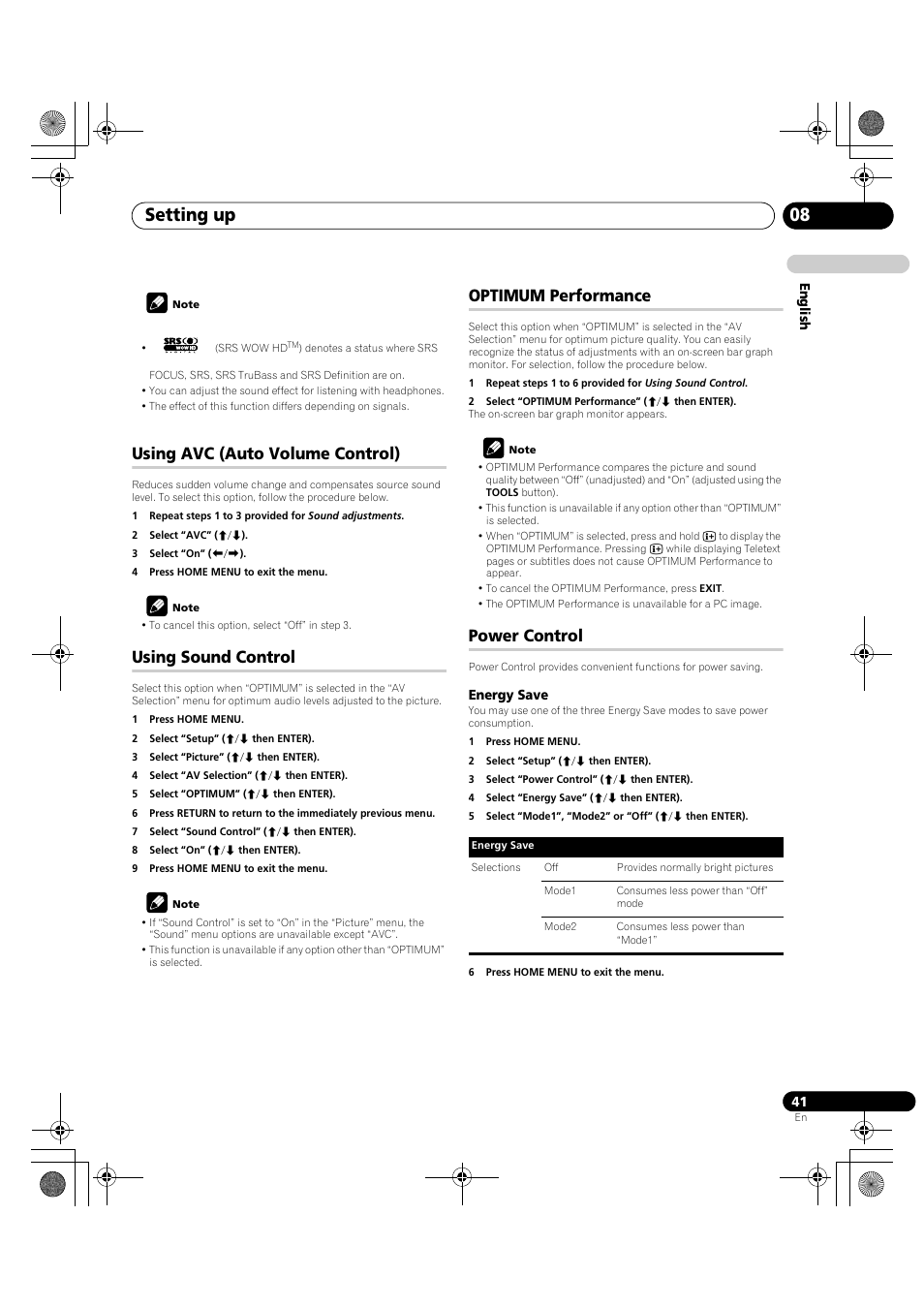 Setting up 08, Using avc (auto volume control), Using sound control | Optimum performance, Power control | Pioneer PDP-LX5090H User Manual | Page 41 / 339