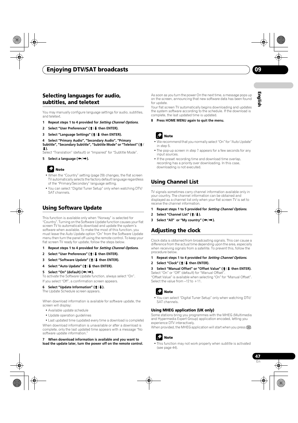 Selecting languages for audio, subtitles, And teletext, Selecting languages for audio | Enjoying dtv/sat broadcasts 09, Using software update, Using channel list, Adjusting the clock | Pioneer PDP-LX5090H User Manual | Page 47 / 339