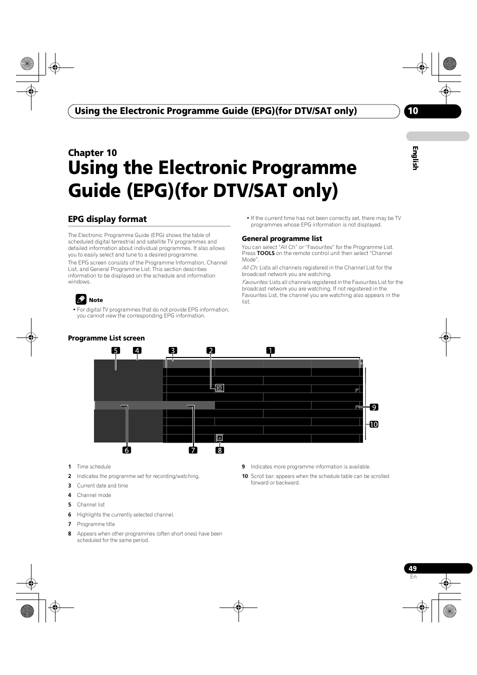 10 using the electronic programme guide, Epg)(for dtv/sat only), Epg display format | Chapter 10 | Pioneer PDP-LX5090H User Manual | Page 49 / 339