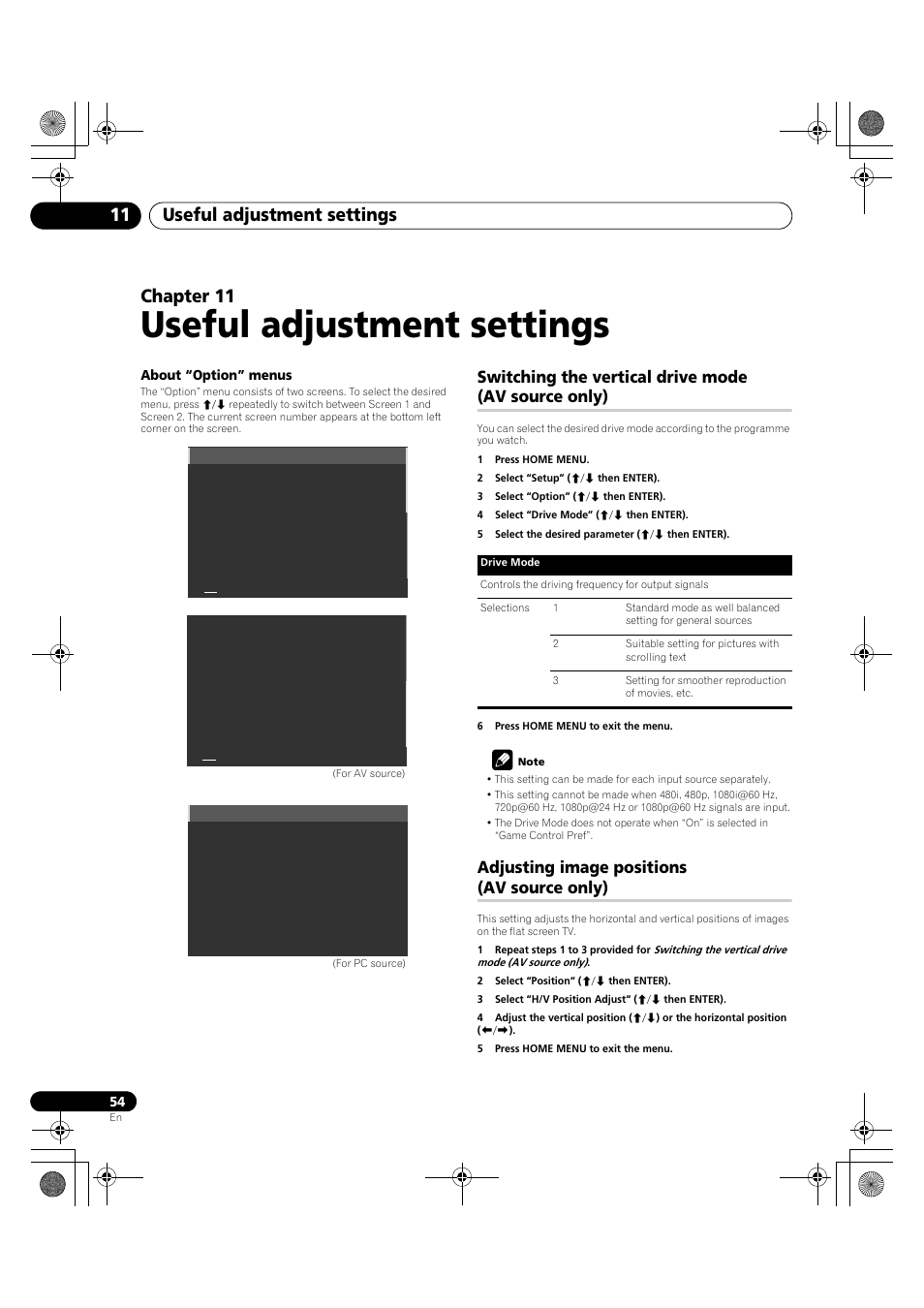 11 useful adjustment settings, Switching the vertical drive mode, Av source only) | Adjusting image positions, Useful adjustment settings, Useful adjustment settings 11, Chapter 11, Switching the vertical drive mode (av source only), Adjusting image positions (av source only) | Pioneer PDP-LX5090H User Manual | Page 54 / 339