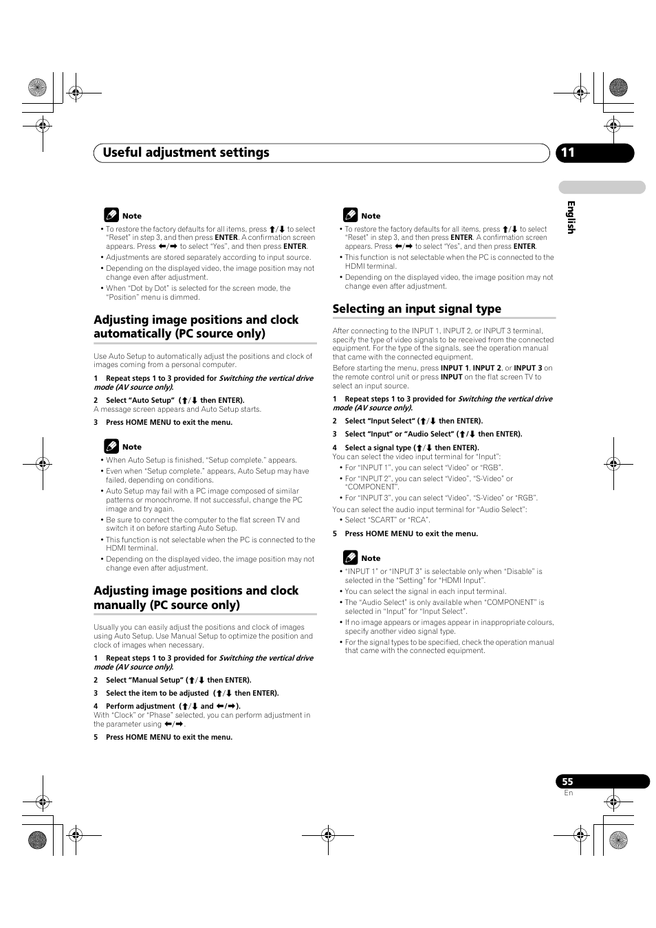 Adjusting image positions and clock automatically, Pc source only), Adjusting image positions and clock manually | Selecting an input signal type, Useful adjustment settings 11 | Pioneer PDP-LX5090H User Manual | Page 55 / 339