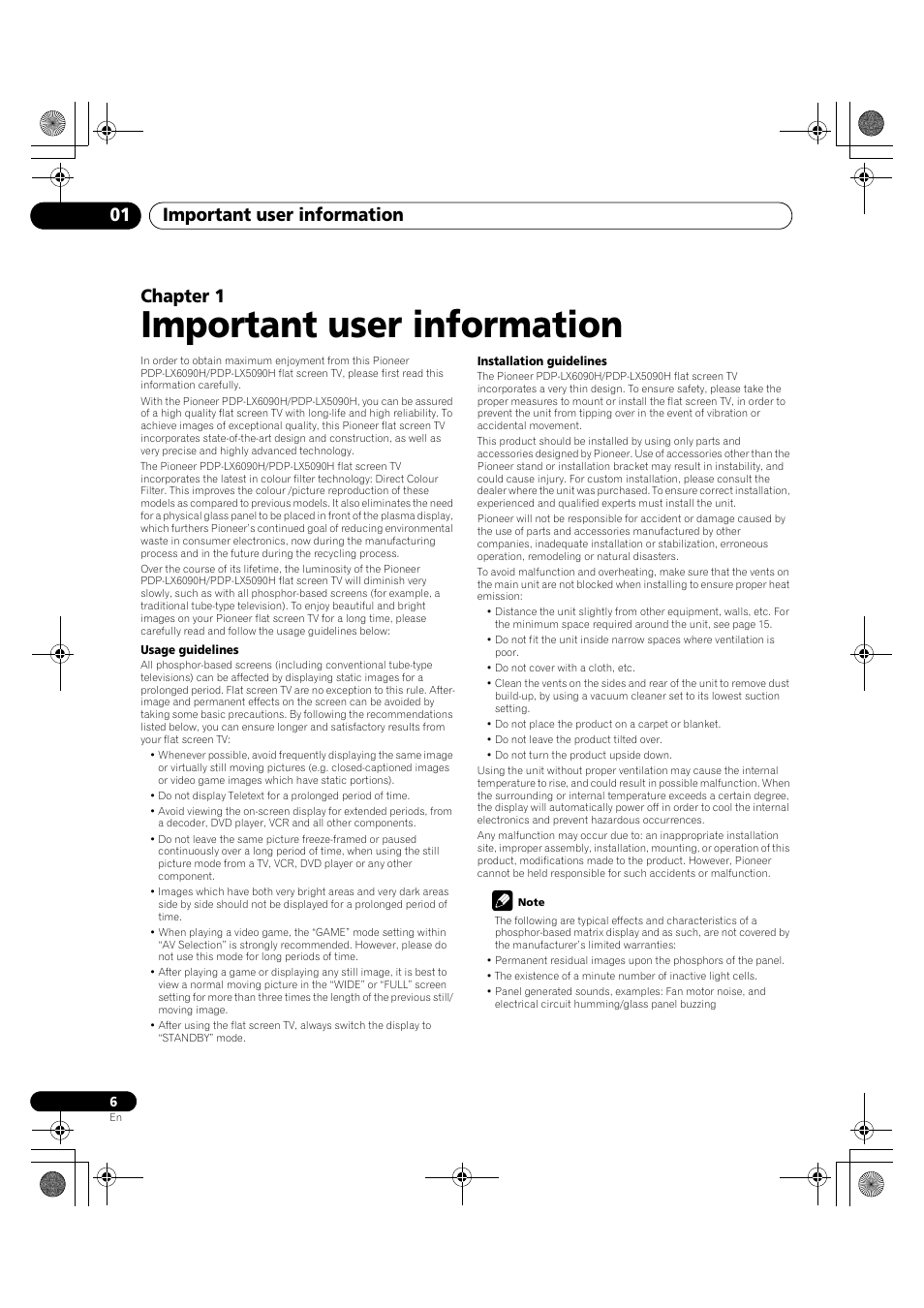 01 important user information, Important user information, Important user information 01 | Chapter 1 | Pioneer PDP-LX5090H User Manual | Page 6 / 339