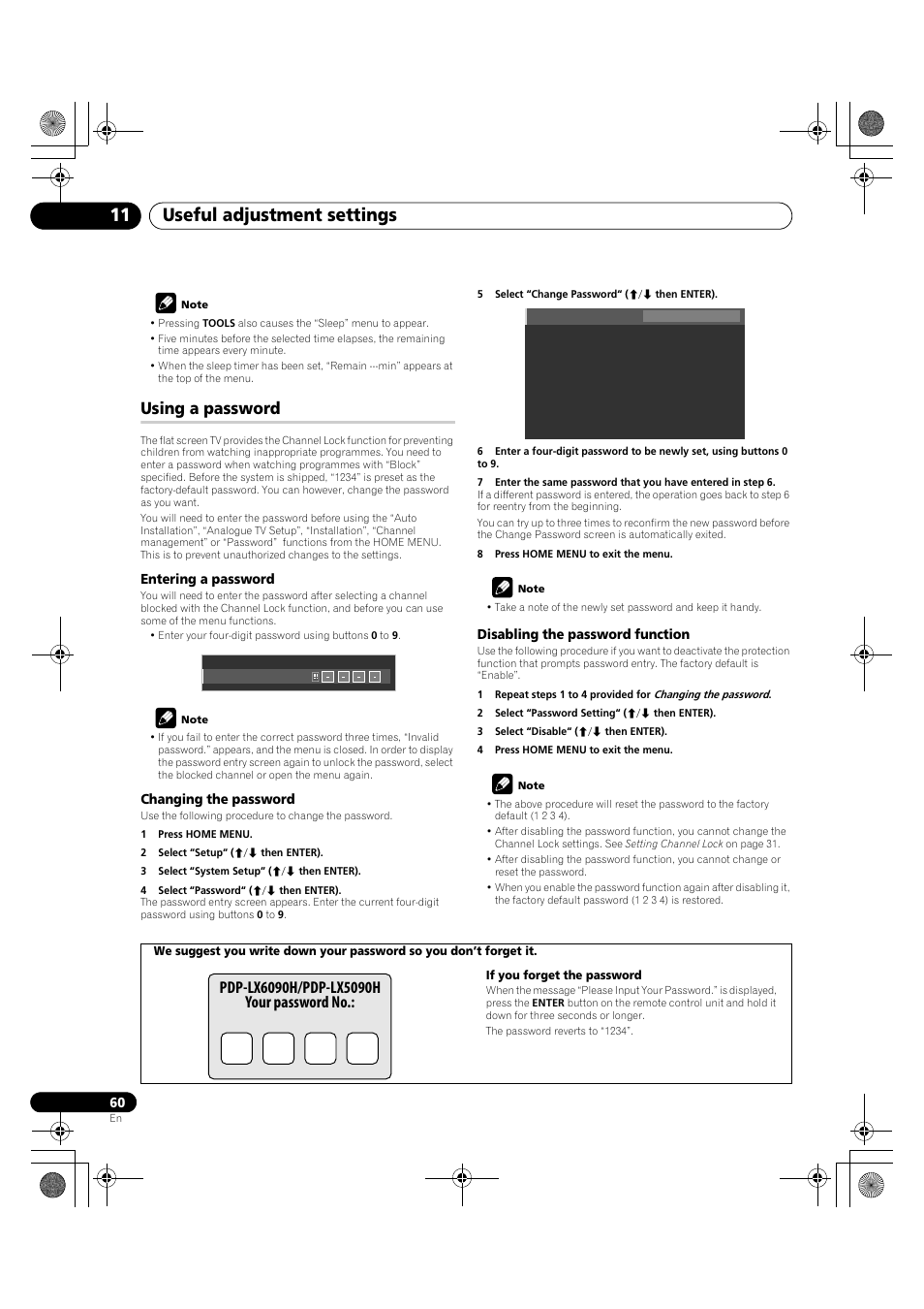 Using a password, Using a password on, Using a | Useful adjustment settings 11 | Pioneer PDP-LX5090H User Manual | Page 60 / 339