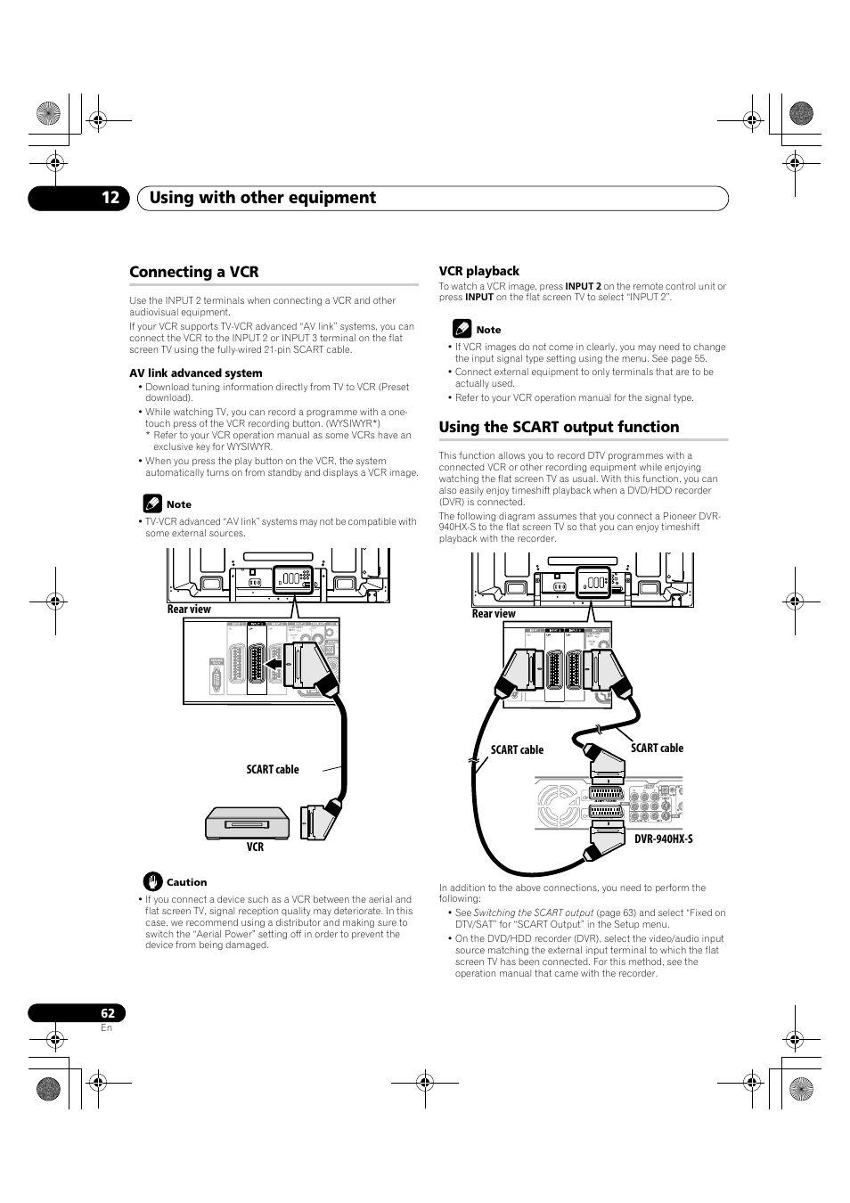 Connecting a vcr using the scart output function, Using with other equipment 12, Connecting a vcr | Using the scart output function | Pioneer PDP-LX5090H User Manual | Page 62 / 339