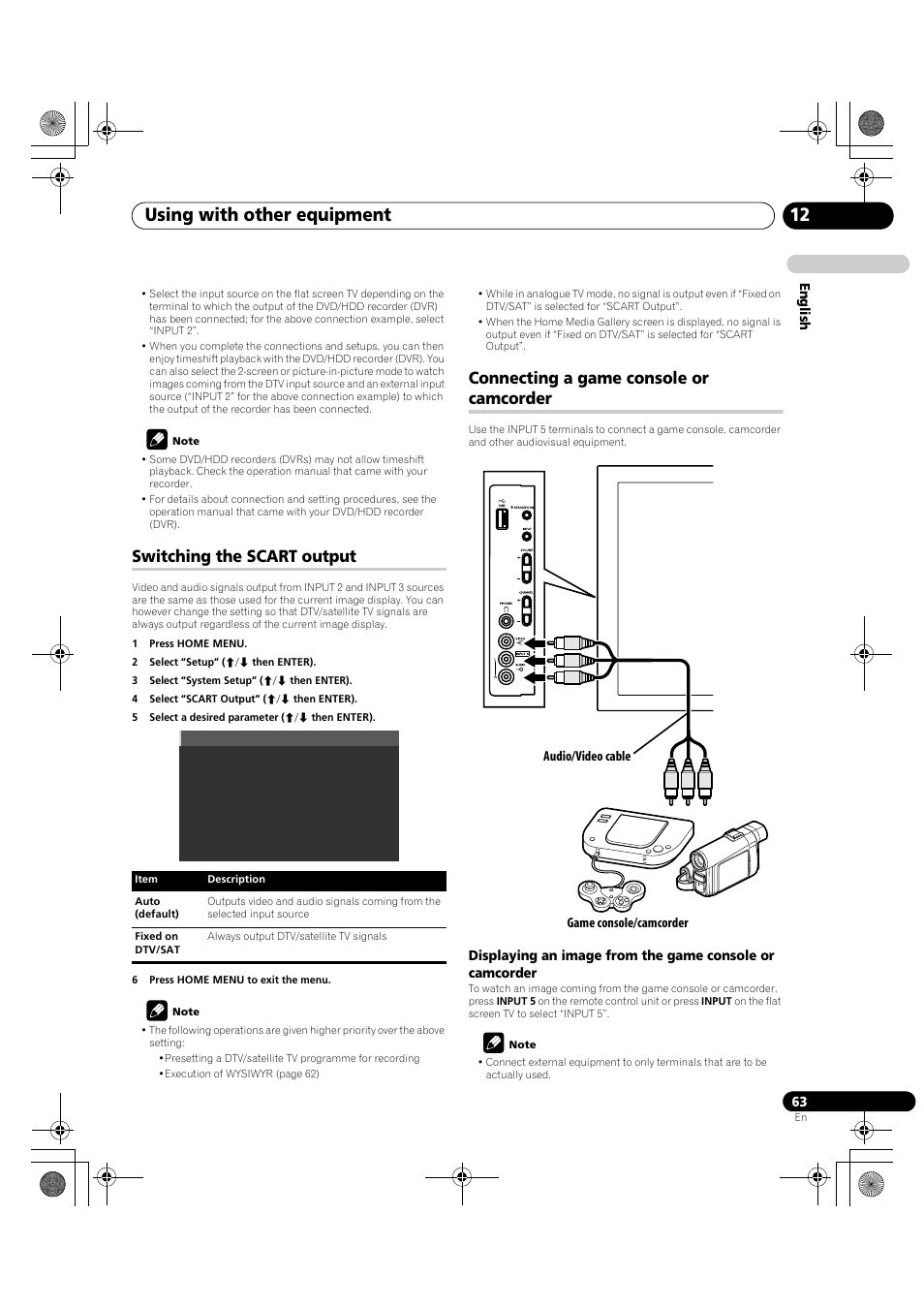 Using with other equipment 12, Switching the scart output, Connecting a game console or camcorder | Pioneer PDP-LX5090H User Manual | Page 63 / 339
