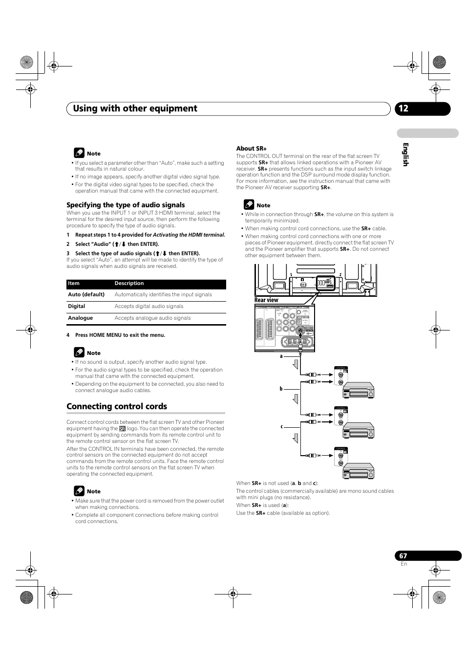 Connecting control cords, Using with other equipment 12, En glish | Specifying the type of audio signals, Rear view | Pioneer PDP-LX5090H User Manual | Page 67 / 339