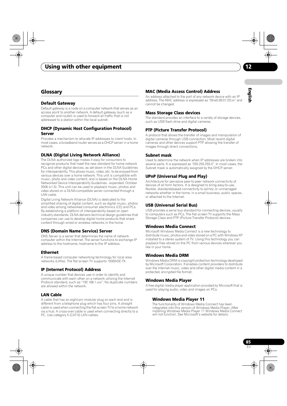 Glossary, Using with other equipment 12 | Pioneer PDP-LX5090H User Manual | Page 85 / 339