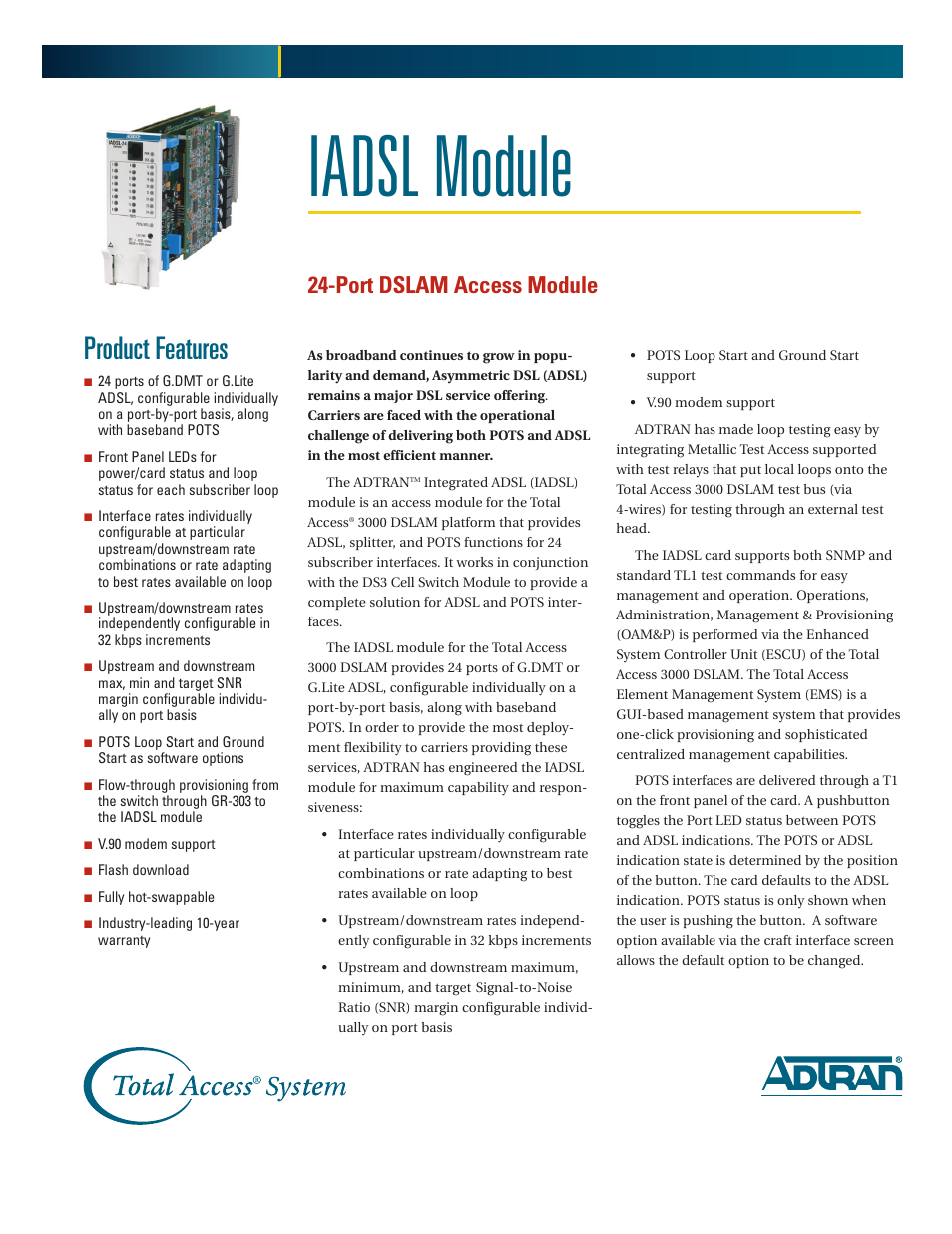 ADTRAN 24-Port DSLAM Access Module IADSL Module User Manual | 2 pages