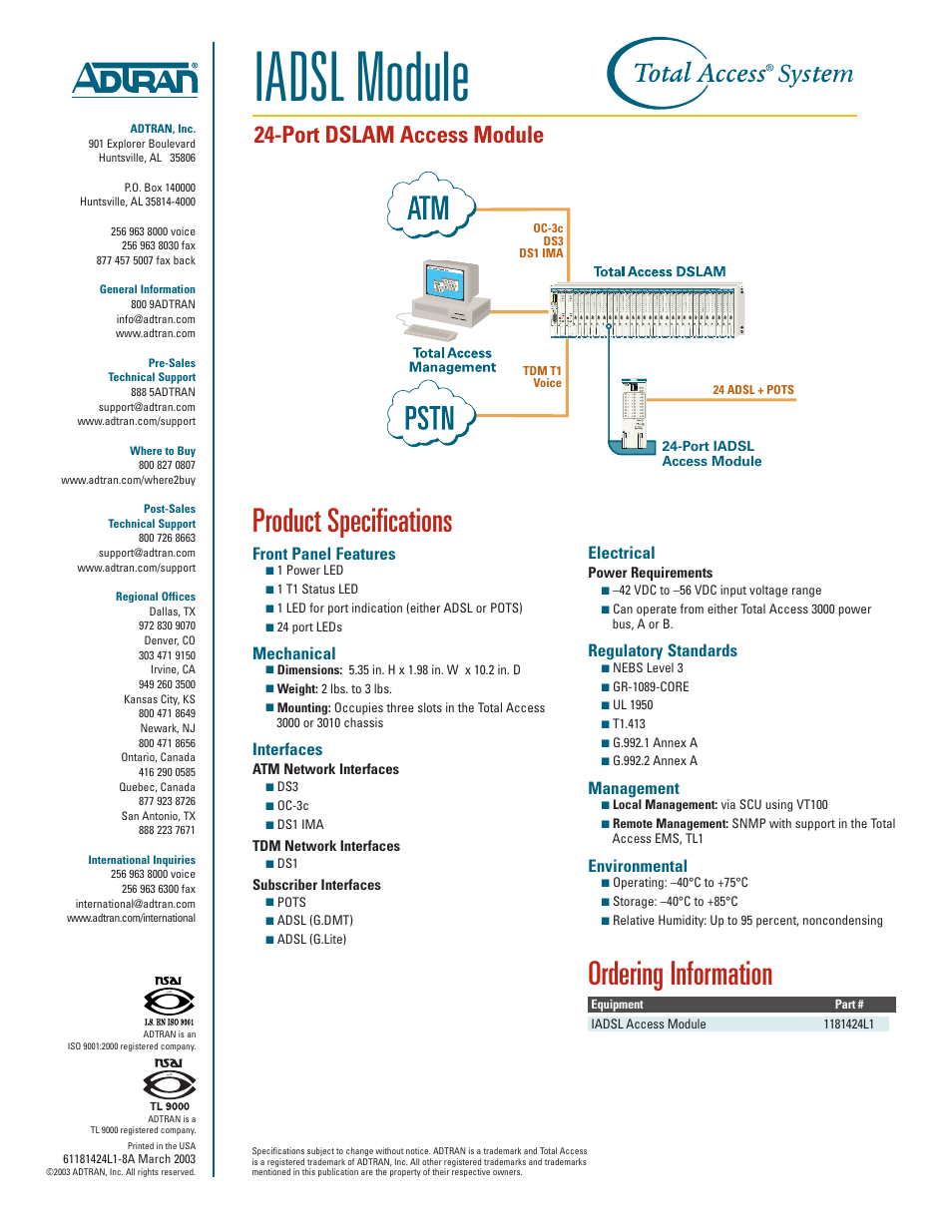 Iadsl module, Product specifications, Ordering information | Port dslam access module, Front panel features, Mechanical, Interfaces, Electrical, Regulatory standards, Management | ADTRAN 24-Port DSLAM Access Module IADSL Module User Manual | Page 2 / 2