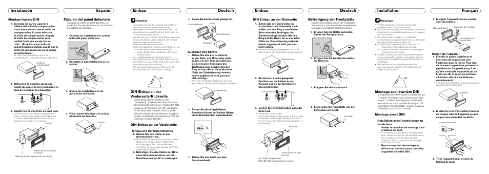 Fijación del panel delantero, Din einbau an der vorderseite/rückseite, Befestigung der frontplatte | Montage avant/arrière din, Montaje trasero din, Din einbau an der vorderseite, Din einbau an der rückseite, Montage avant din, Einbau mit der gummibuchse, Ausbauen des geräts | Pioneer DEH-P6000UB User Manual | Page 2 / 8