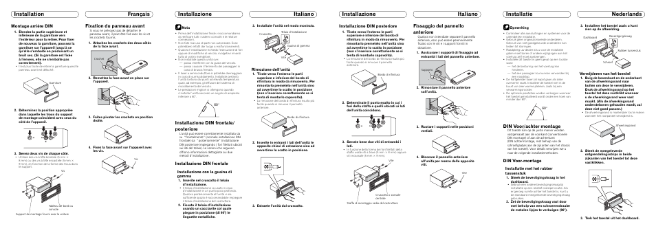 Fixation du panneau avant, Installazione din frontale/ posteriore, Fissaggio del pannello anteriore | Din voor/achter montage, Montage arrière din, Installazione din frontale, Installazione din posteriore, Din voor-montage, Installazione con la guaina di gomma, Rimozione dell’unità | Pioneer DEH-P6000UB User Manual | Page 3 / 8