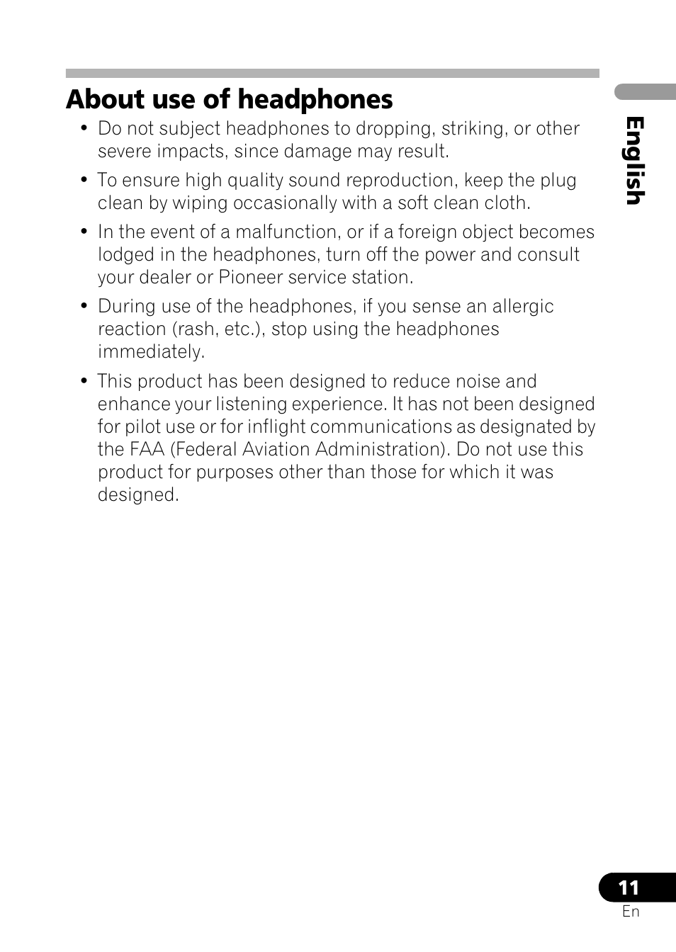About use of headphones, En gl ish | Pioneer SE-NC21M User Manual | Page 11 / 196