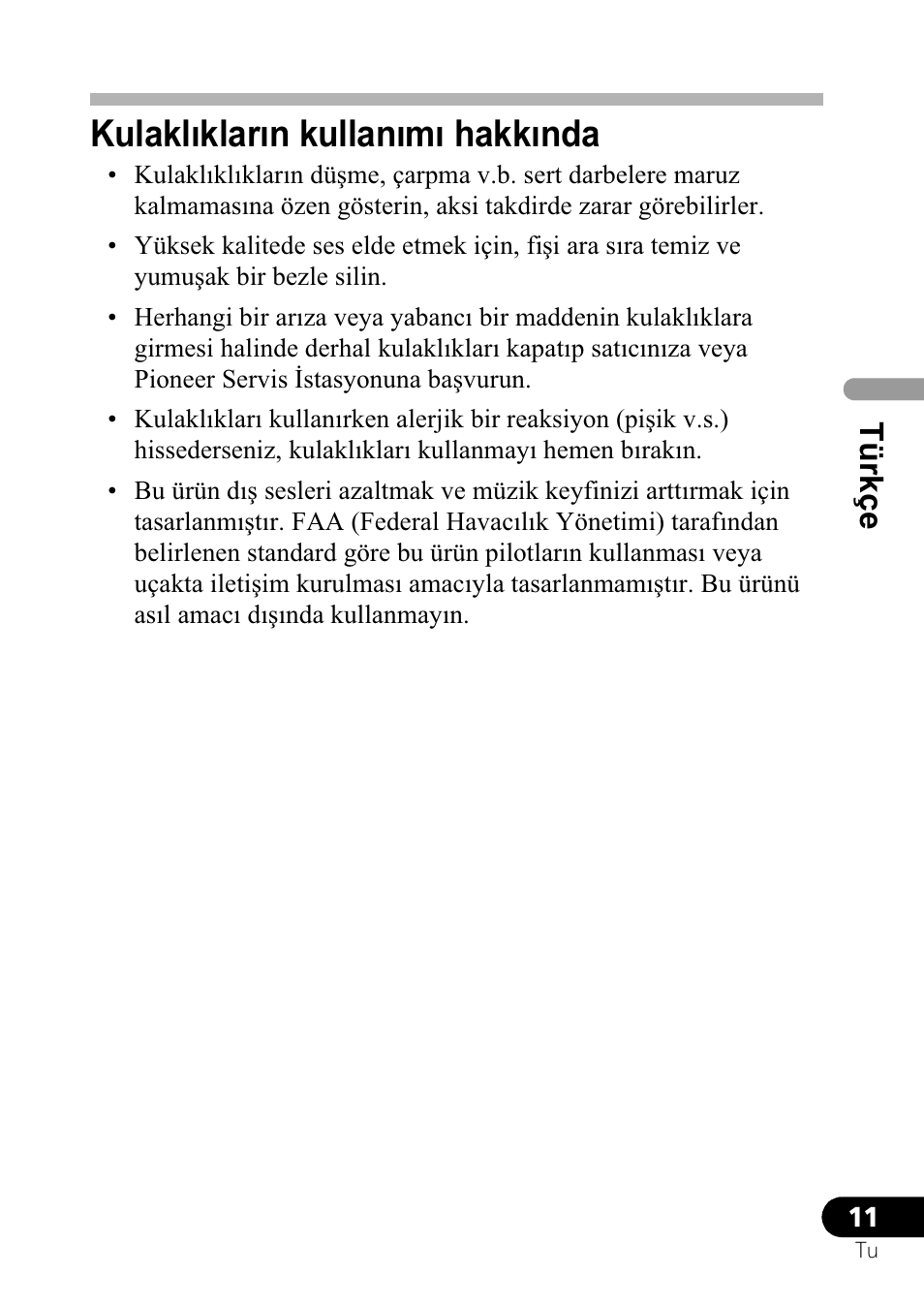 Kulaklõklarõn kullanõmõ hakkõnda, Türkçe | Pioneer SE-NC21M User Manual | Page 119 / 196