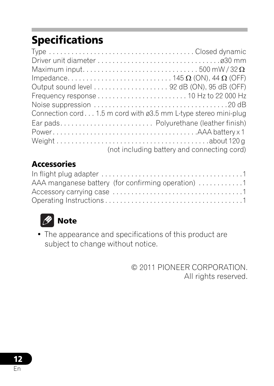 Specifications | Pioneer SE-NC21M User Manual | Page 12 / 196