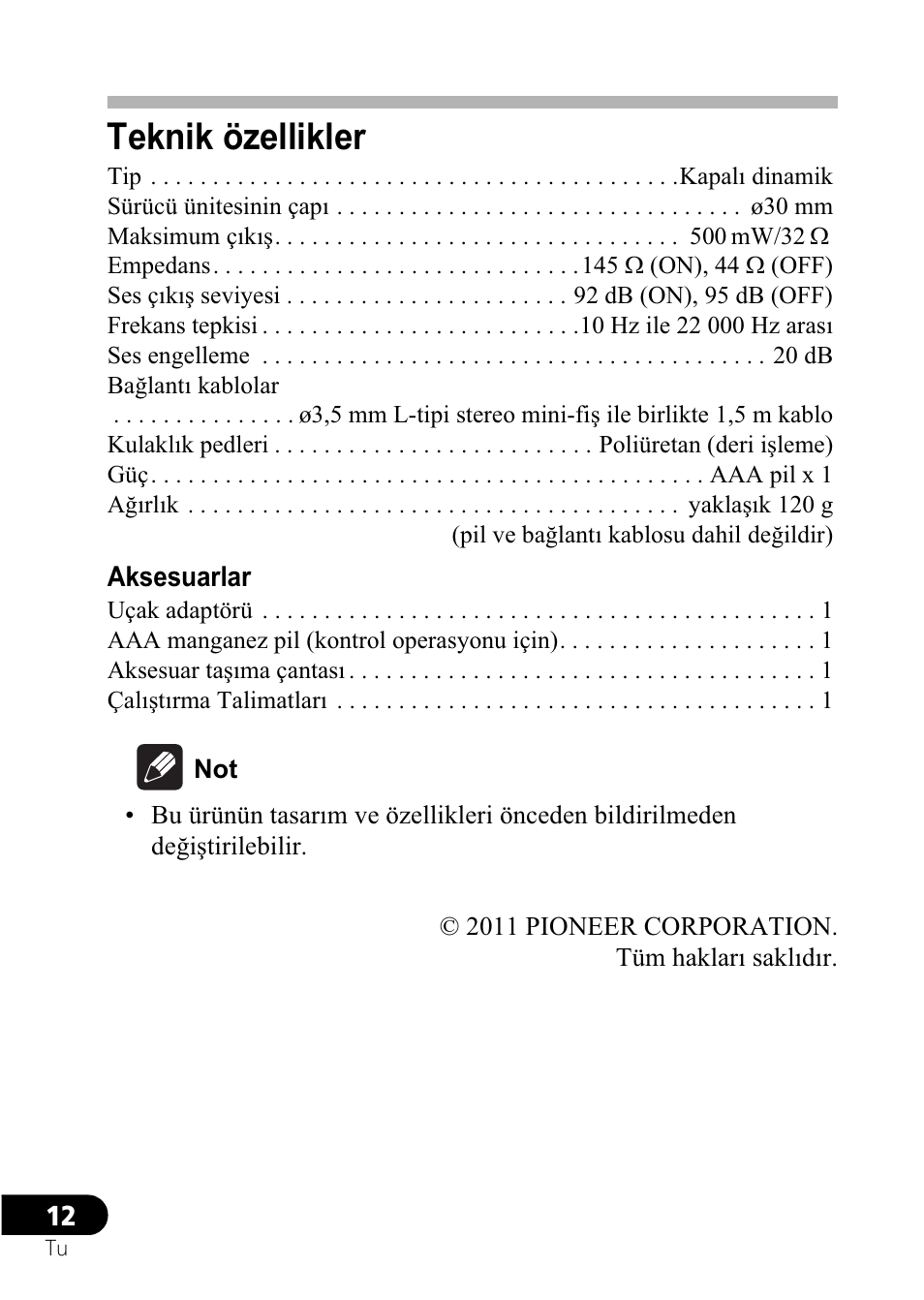 Teknik özellikler | Pioneer SE-NC21M User Manual | Page 120 / 196