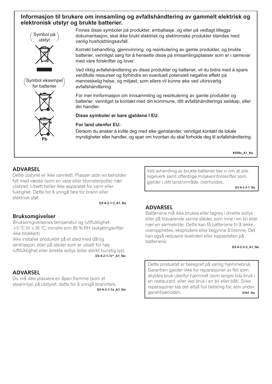 Advarsel, Bruksomgivelser | Pioneer SE-NC21M User Manual | Page 122 / 196