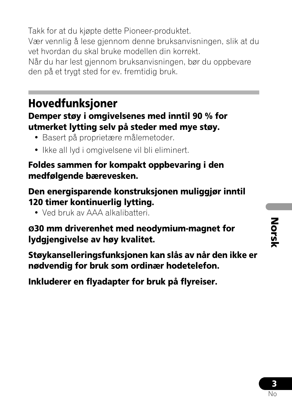 Hovedfunksjoner, No rsk | Pioneer SE-NC21M User Manual | Page 123 / 196
