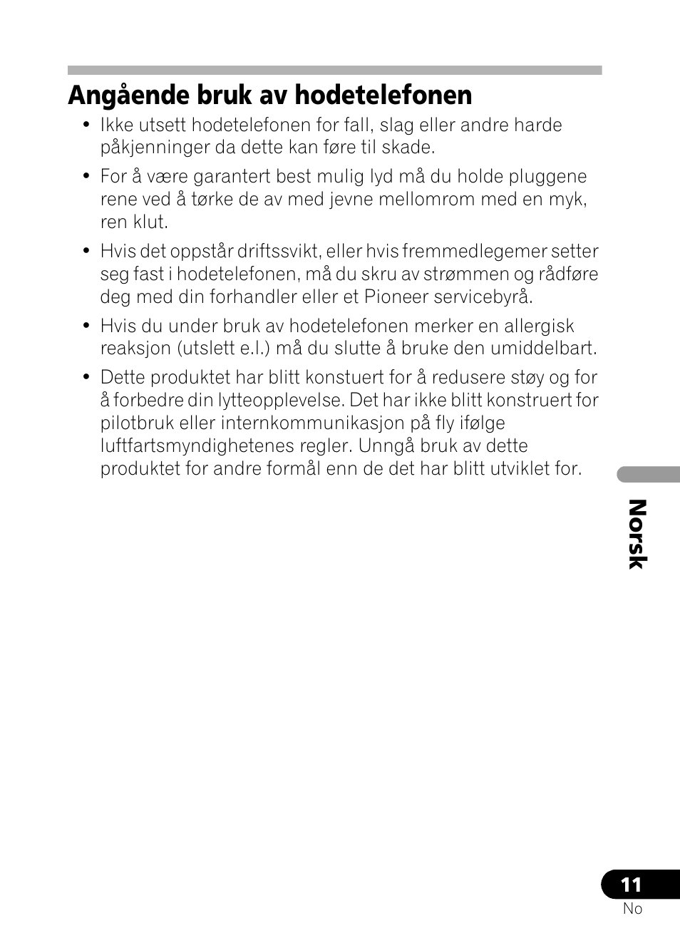 Angående bruk av hodetelefonen, No rsk | Pioneer SE-NC21M User Manual | Page 131 / 196