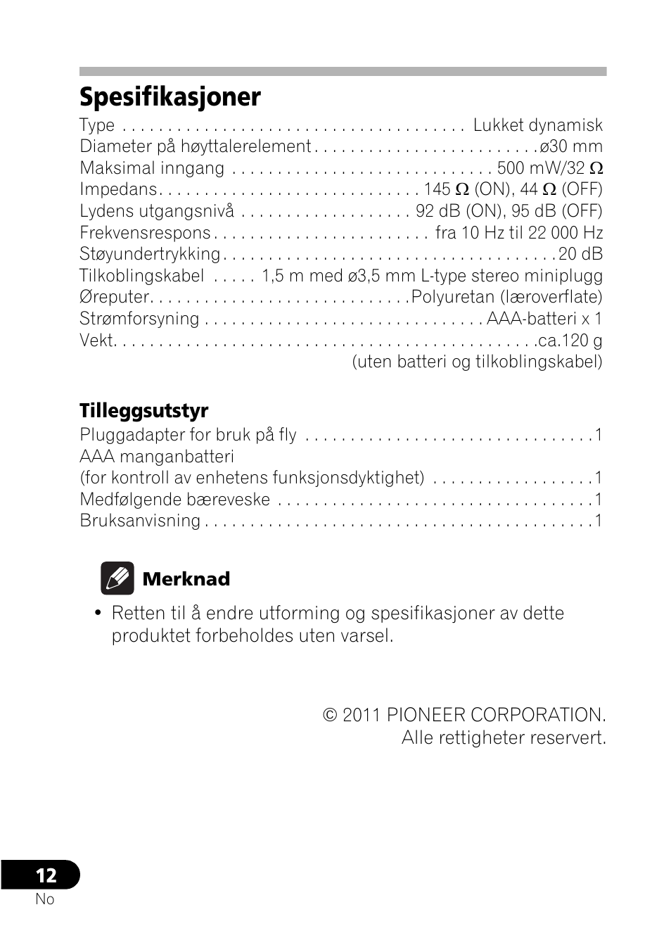 Spesifikasjoner | Pioneer SE-NC21M User Manual | Page 132 / 196