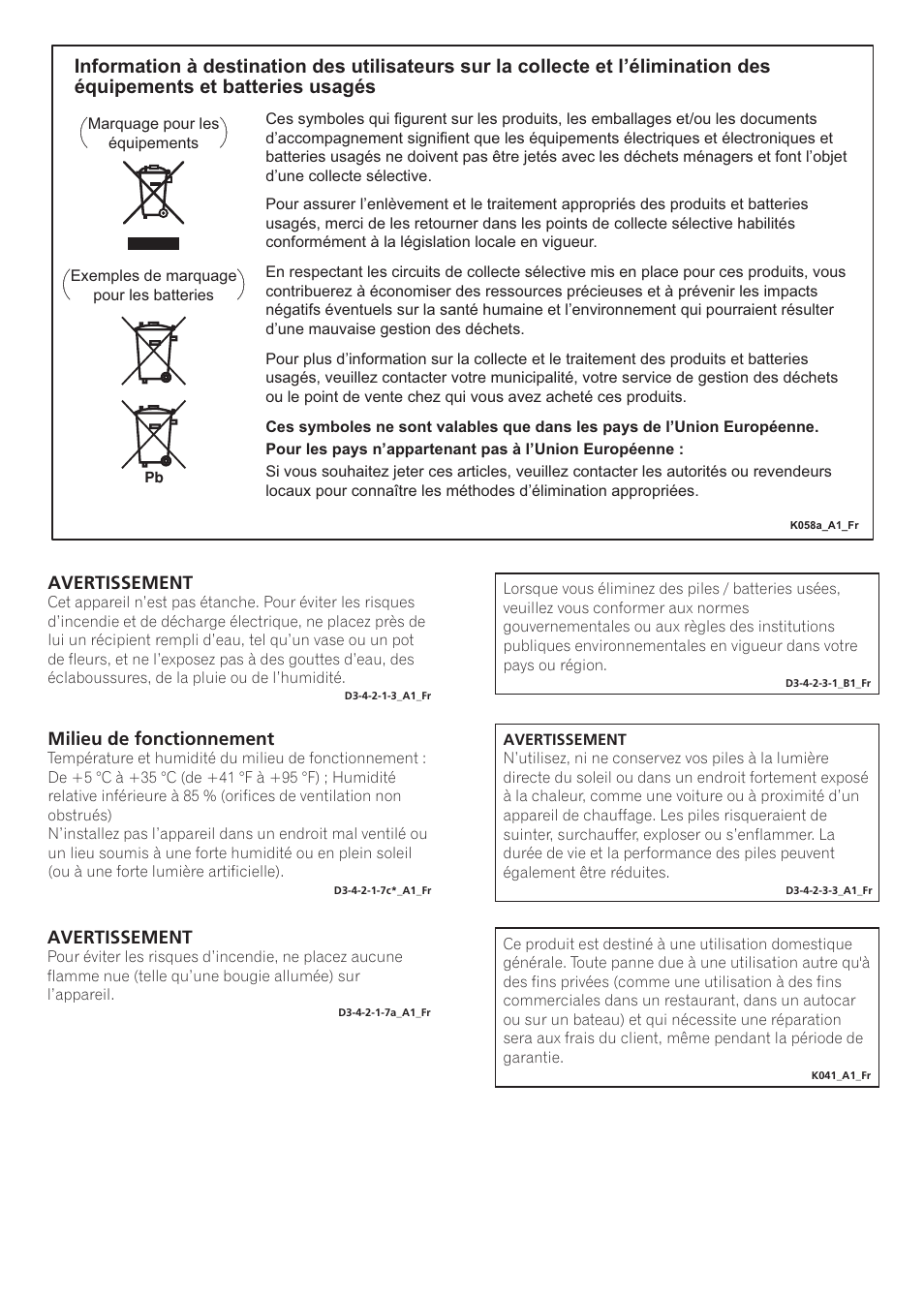 Avertissement, Milieu de fonctionnement | Pioneer SE-NC21M User Manual | Page 14 / 196