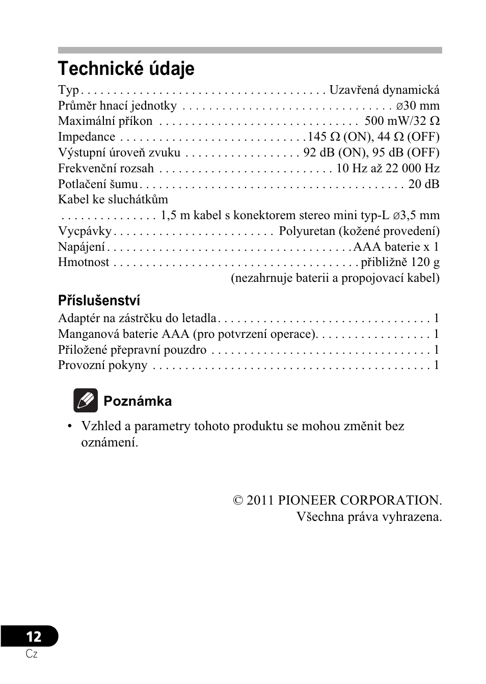 Technické údaje | Pioneer SE-NC21M User Manual | Page 144 / 196