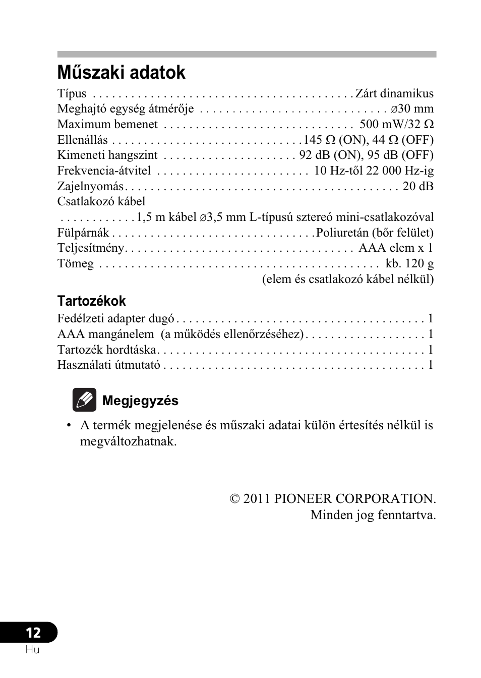 Mħszaki adatok | Pioneer SE-NC21M User Manual | Page 156 / 196