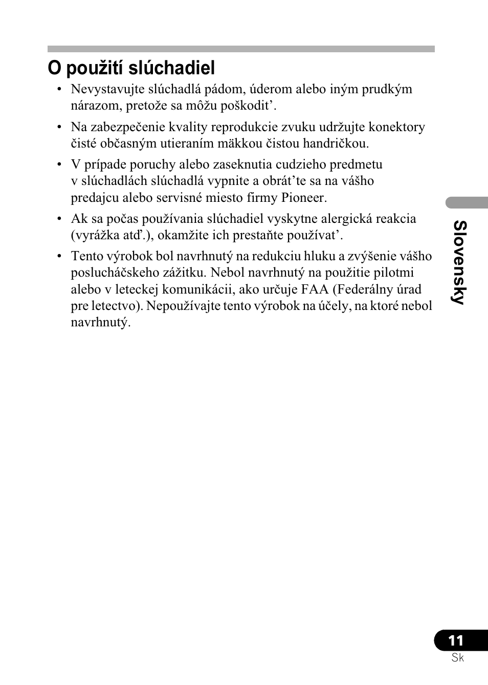 O použití slúchadiel, Slovensky | Pioneer SE-NC21M User Manual | Page 167 / 196