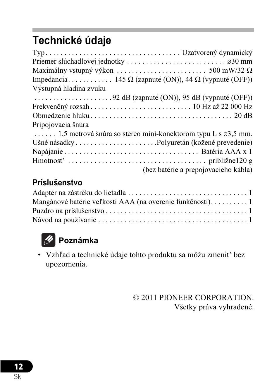 Technické údaje | Pioneer SE-NC21M User Manual | Page 168 / 196