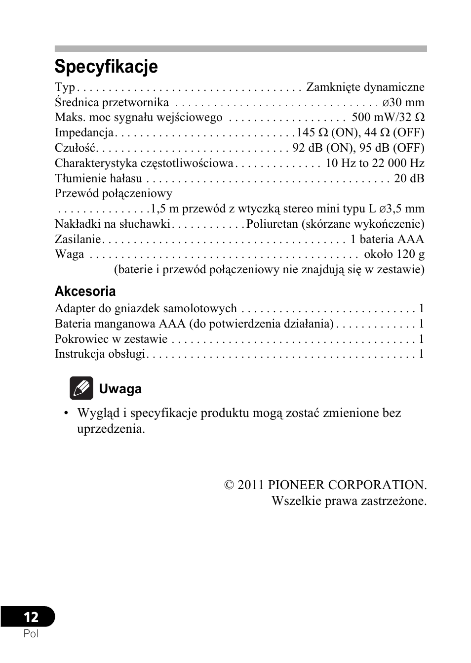 Specyfikacje | Pioneer SE-NC21M User Manual | Page 194 / 196
