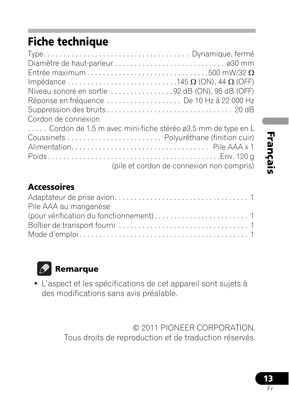 Fiche technique, Français | Pioneer SE-NC21M User Manual | Page 25 / 196