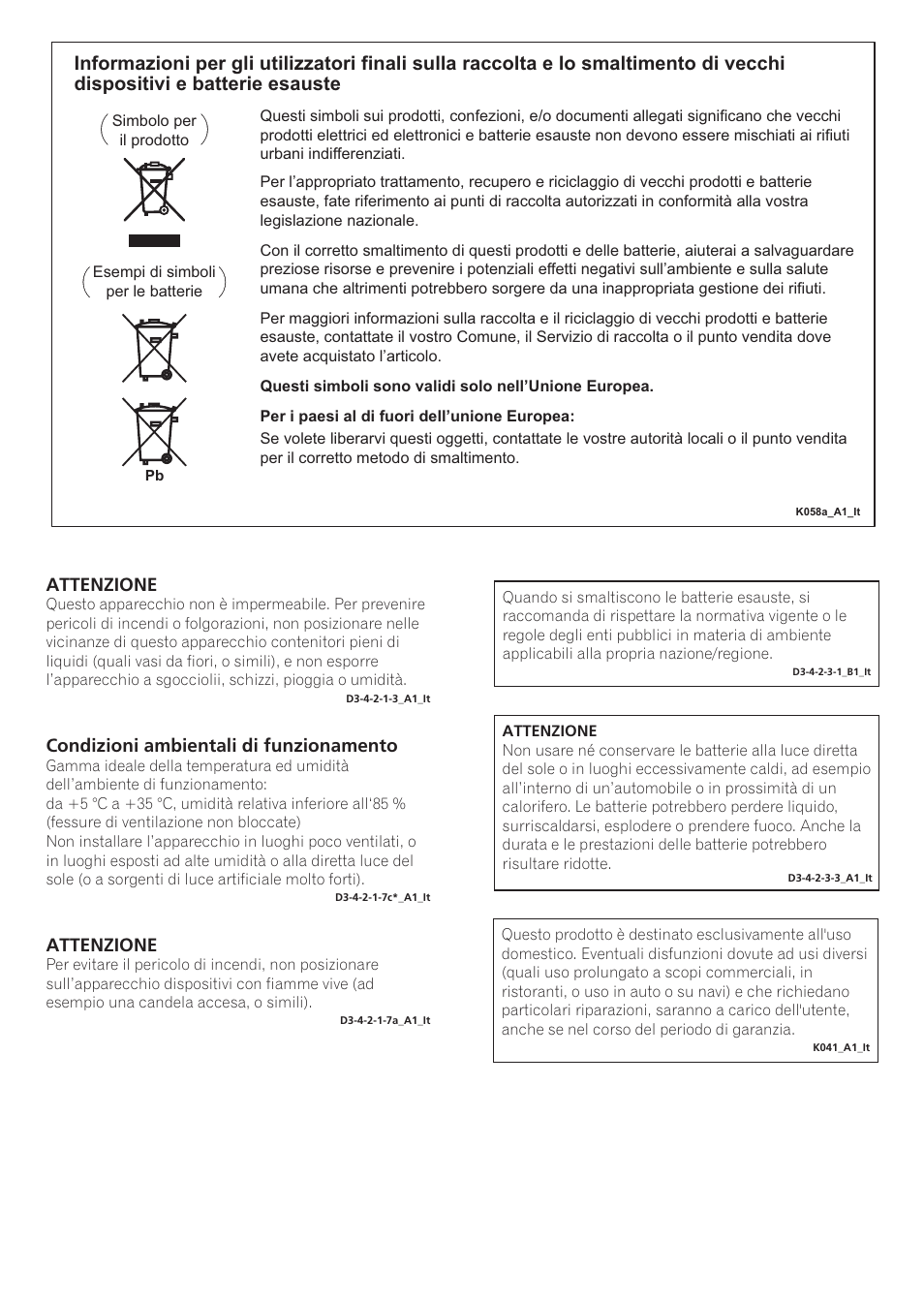 Attenzione, Condizioni ambientali di funzionamento | Pioneer SE-NC21M User Manual | Page 38 / 196