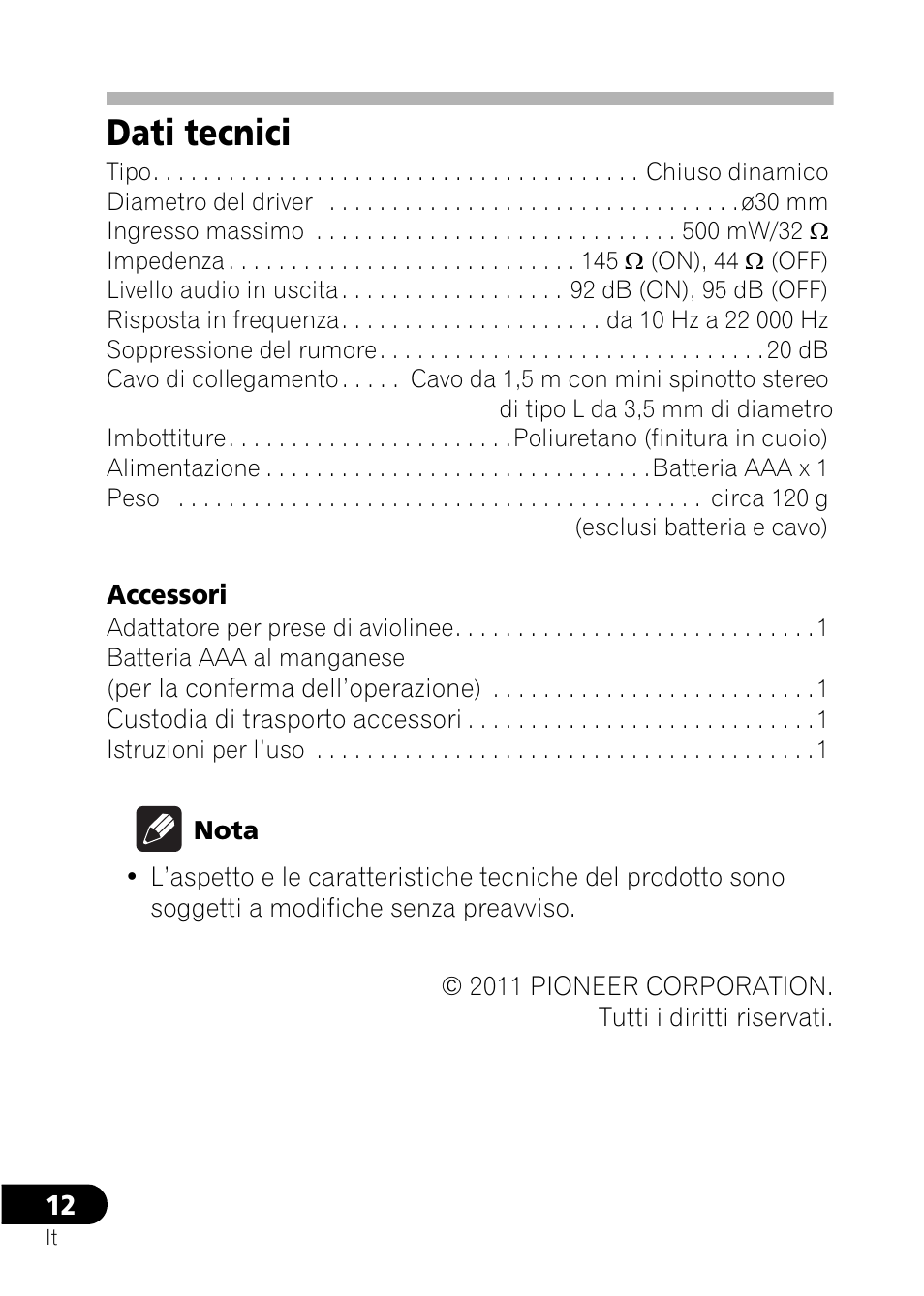 Dati tecnici | Pioneer SE-NC21M User Manual | Page 48 / 196