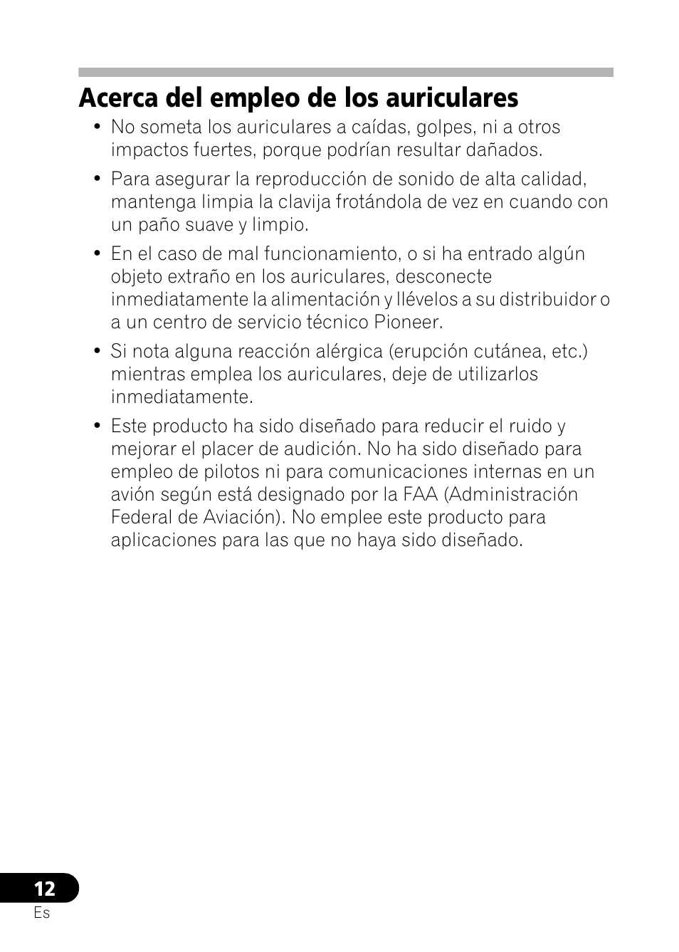 Acerca del empleo de los auriculares | Pioneer SE-NC21M User Manual | Page 60 / 196