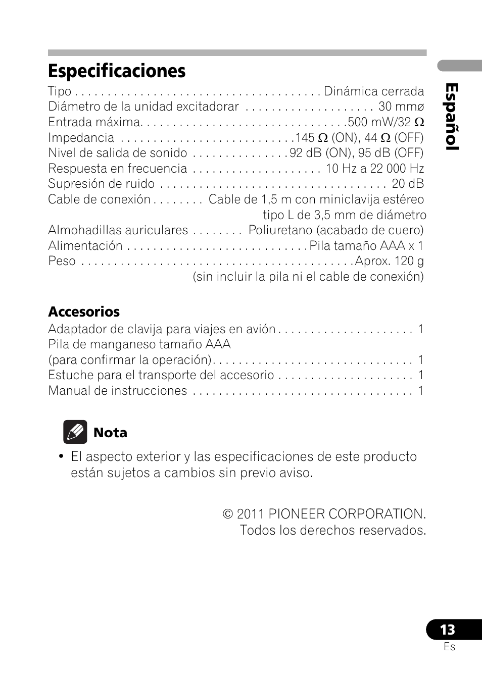 Especificaciones, Español | Pioneer SE-NC21M User Manual | Page 61 / 196