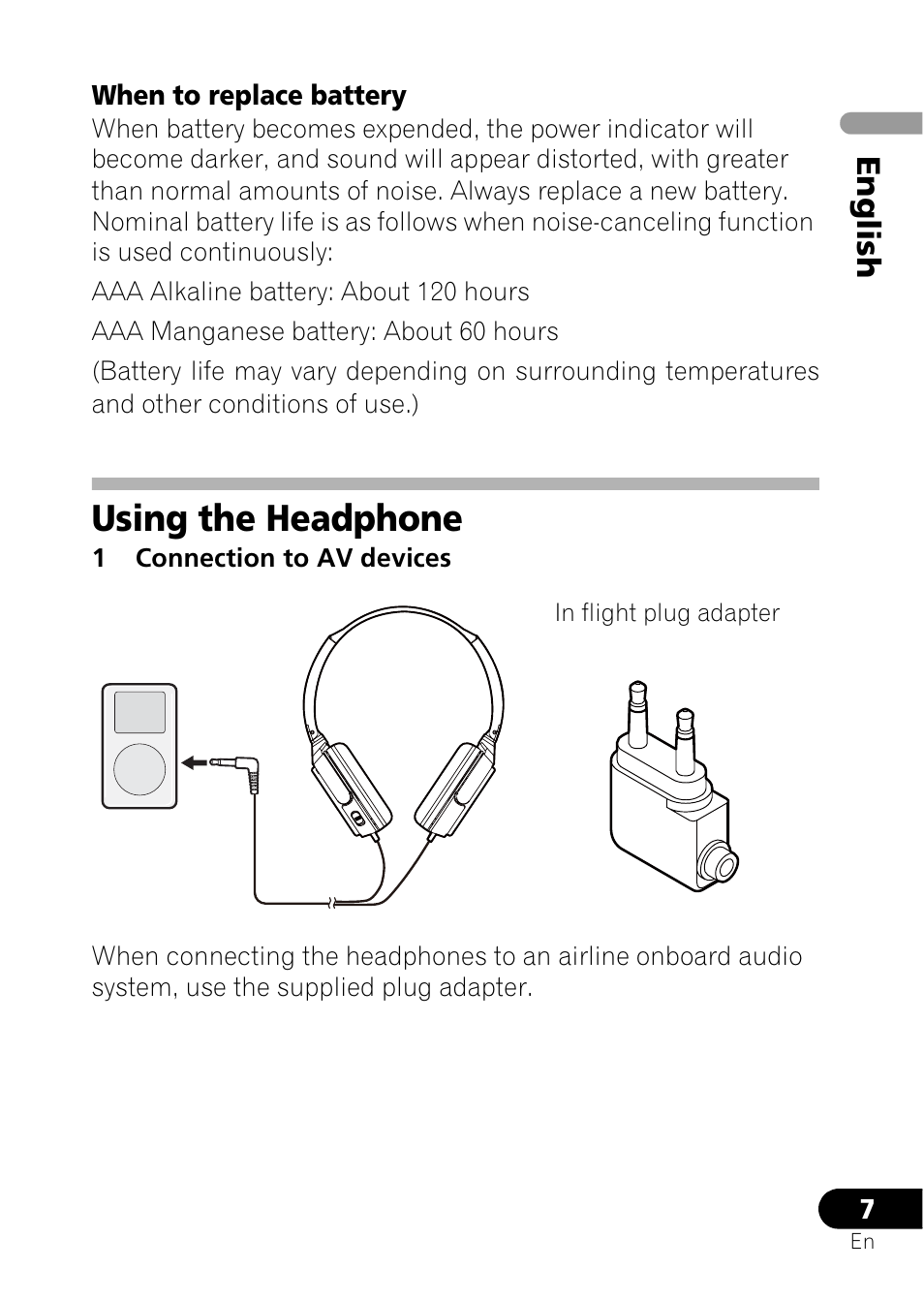 Using the headphone, En gl ish | Pioneer SE-NC21M User Manual | Page 7 / 196