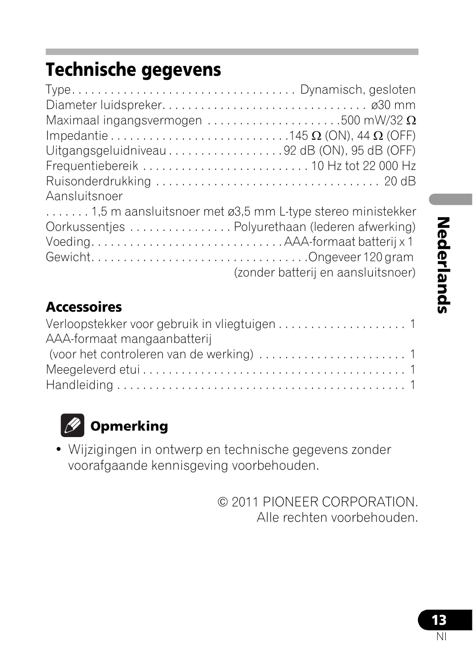 Technische gegevens, Nederlands | Pioneer SE-NC21M User Manual | Page 73 / 196