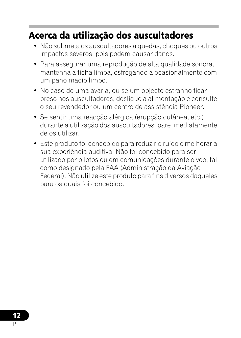 Acerca da utilização dos auscultadores | Pioneer SE-NC21M User Manual | Page 84 / 196