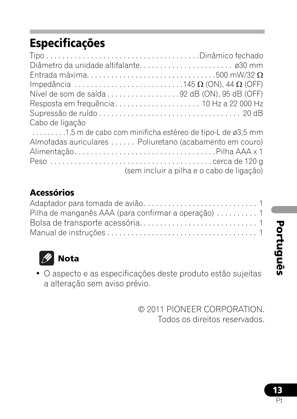 Especificações, Português | Pioneer SE-NC21M User Manual | Page 85 / 196