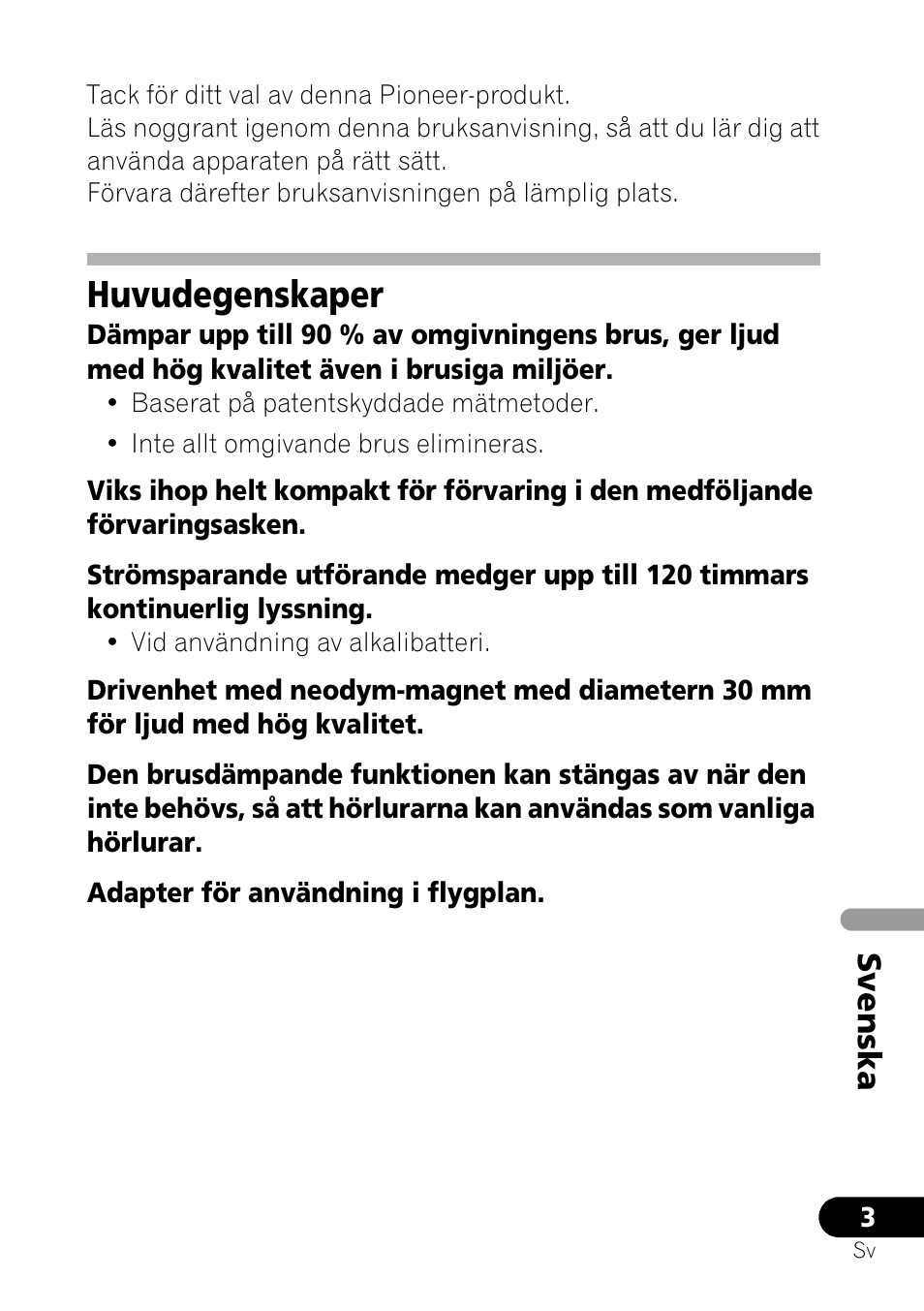 Huvudegenskaper, Svenska | Pioneer SE-NC21M User Manual | Page 87 / 196