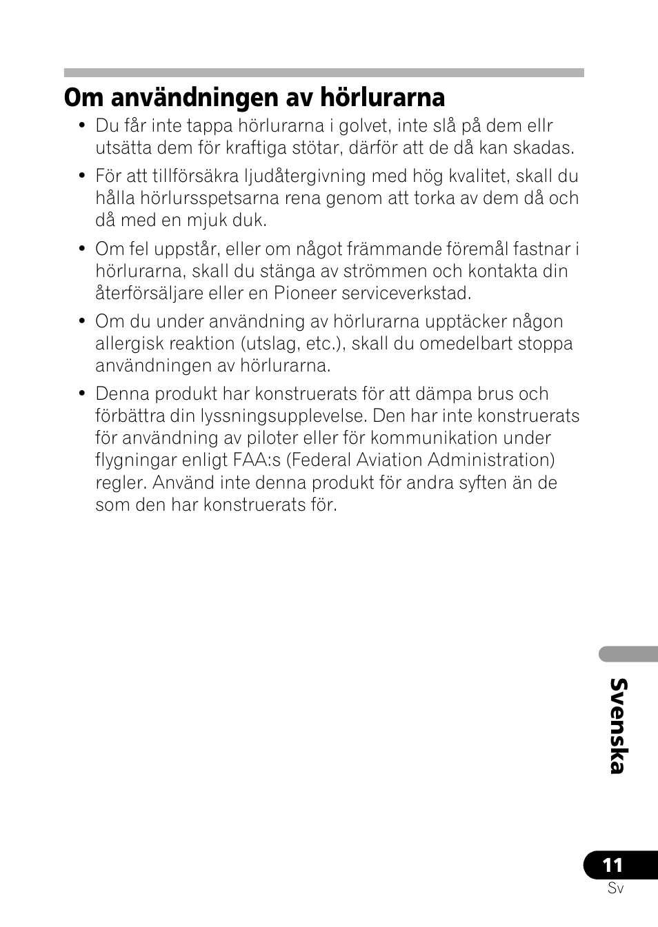 Om användningen av hörlurarna, Svenska | Pioneer SE-NC21M User Manual | Page 95 / 196