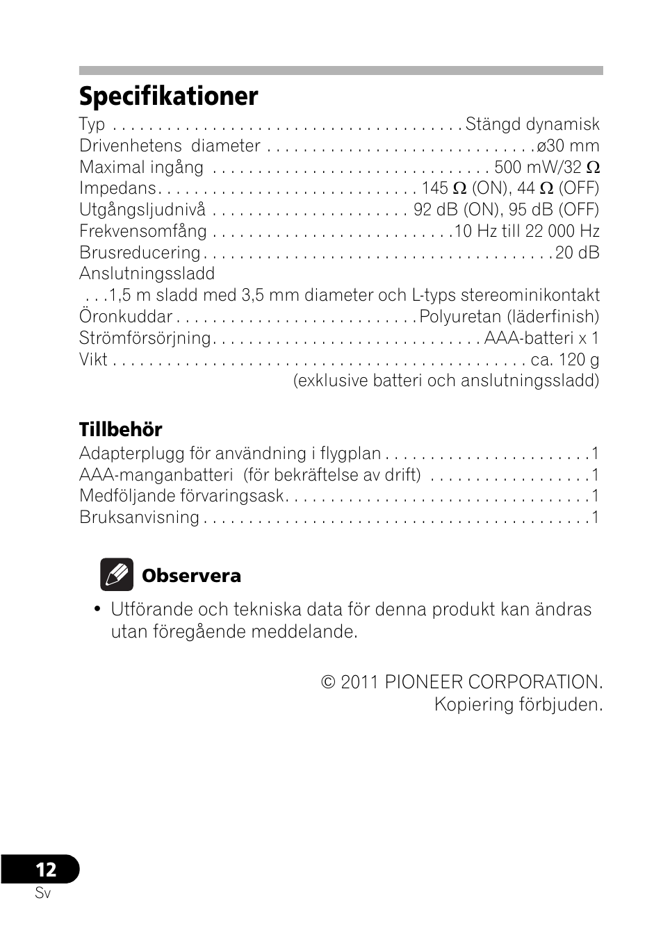 Specifikationer | Pioneer SE-NC21M User Manual | Page 96 / 196
