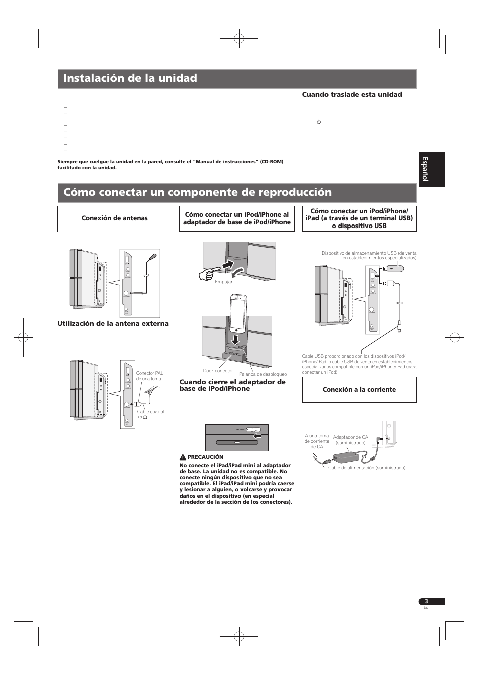 Conexión de antenas, Utilización de la antena externa, Cuando cierre el adaptador de base de ipod/iphone | Cuando traslade esta unidad | Pioneer X-SMC22-S User Manual | Page 11 / 32