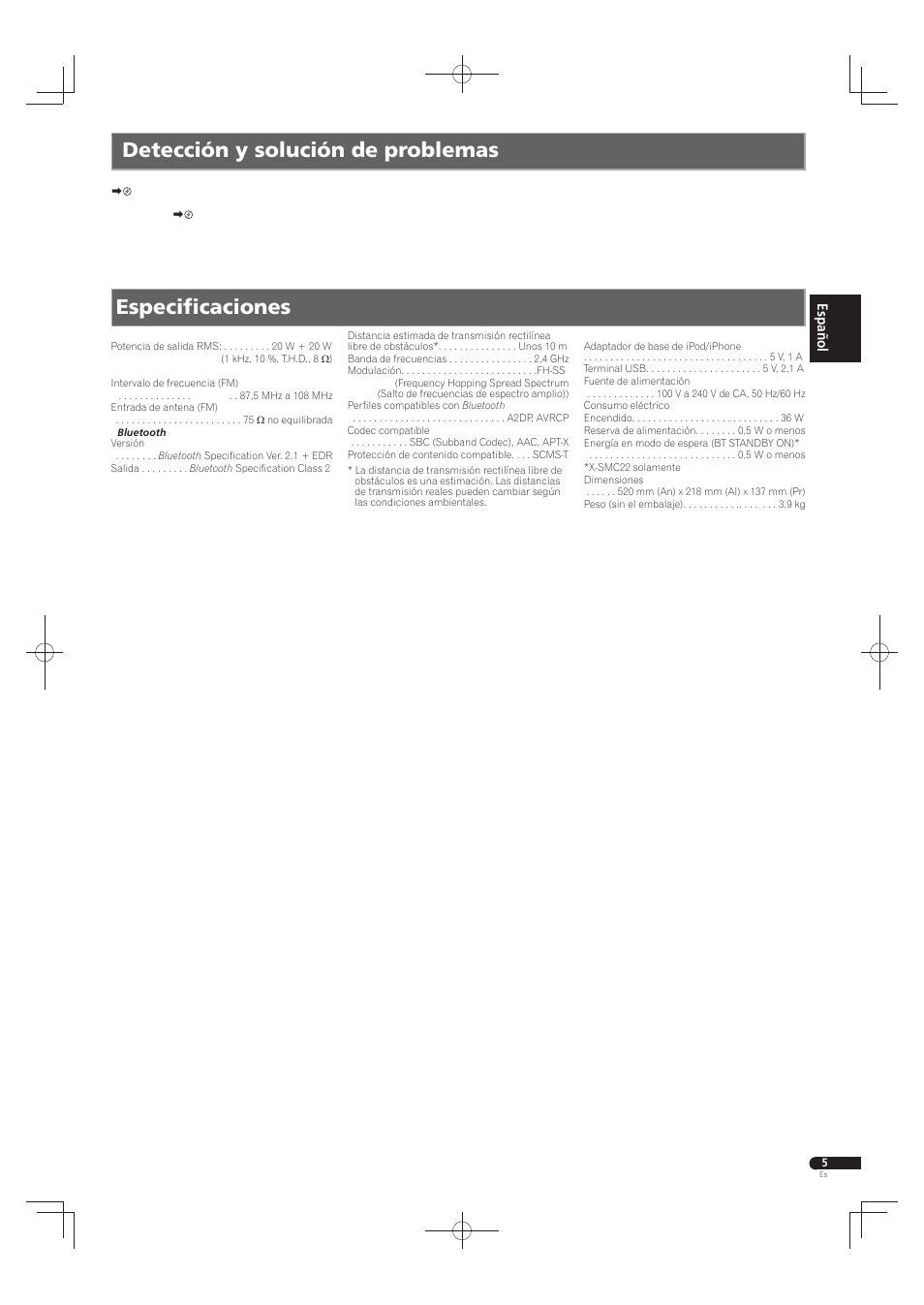 Detección y solución de problemas, Especifi caciones | Pioneer X-SMC22-S User Manual | Page 13 / 32