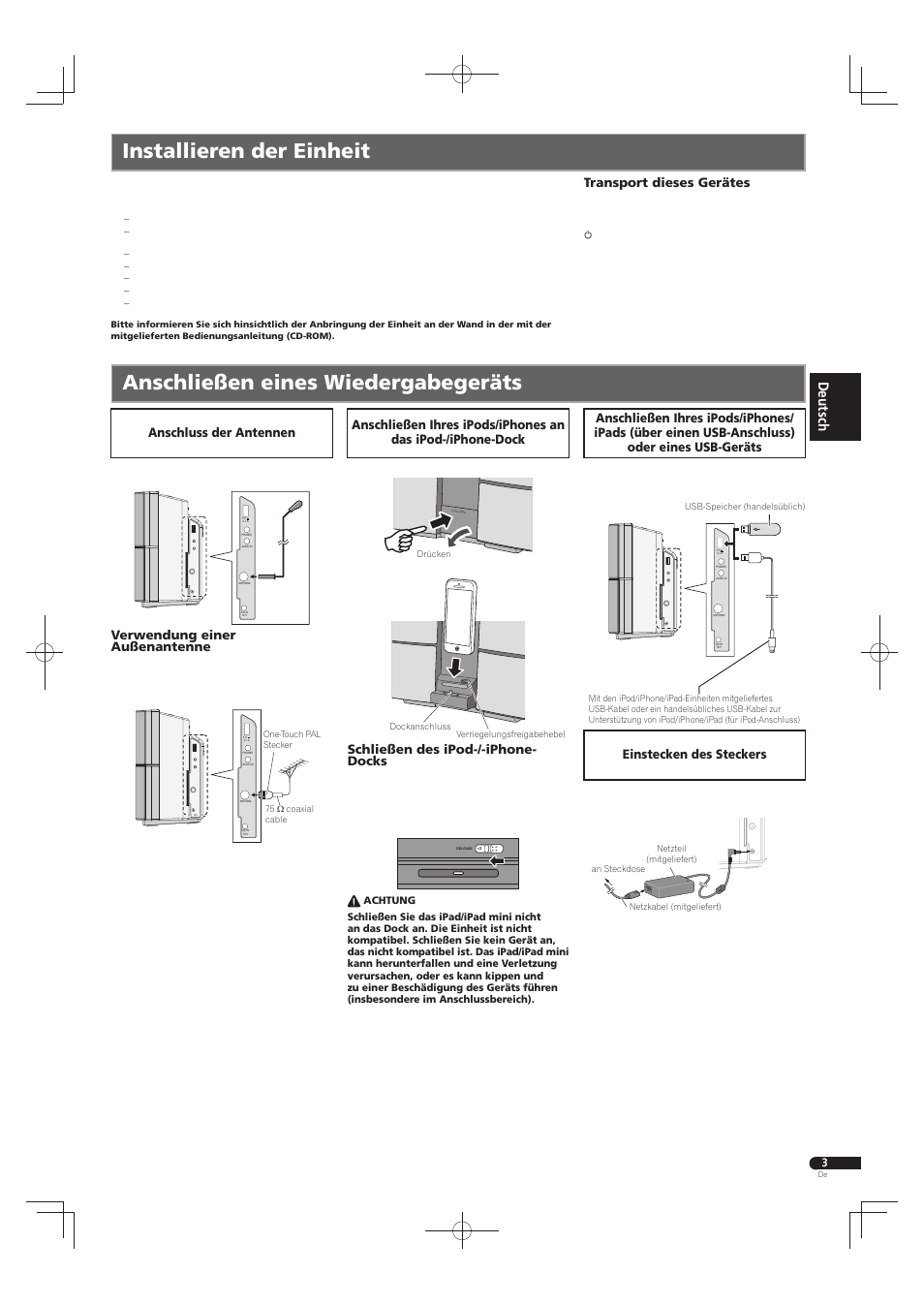 Anschluss der antennen, Verwendung einer außenantenne, Schließen des ipod-/-iphone- docks | Transport dieses gerätes | Pioneer X-SMC22-S User Manual | Page 15 / 32