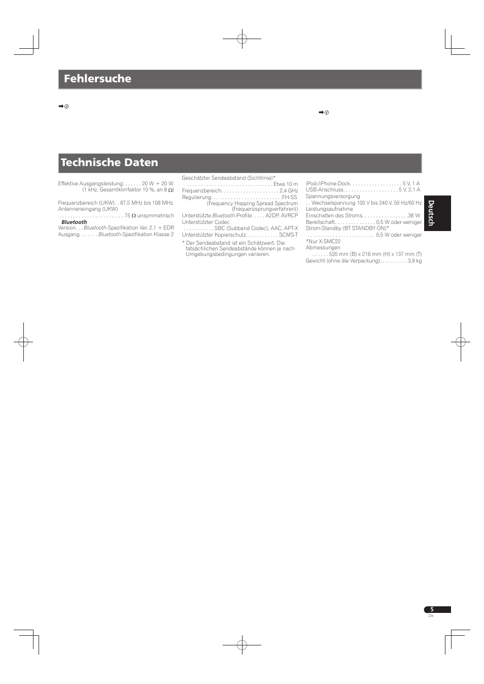 Fehlersuche, Technische daten | Pioneer X-SMC22-S User Manual | Page 17 / 32